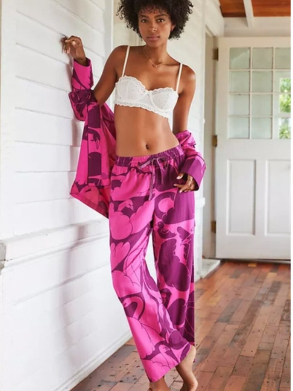 Anthropologie Cecilia Petterson Swan Print Flannel Pajama Set Pink Purple Size S